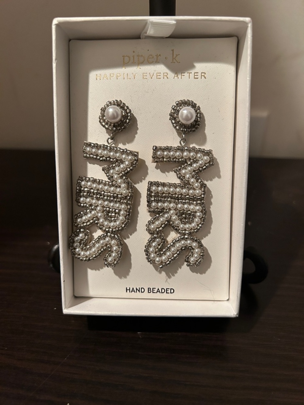 Piper Silver and White 'Mrs' Hand-Beaded Drop Earrings